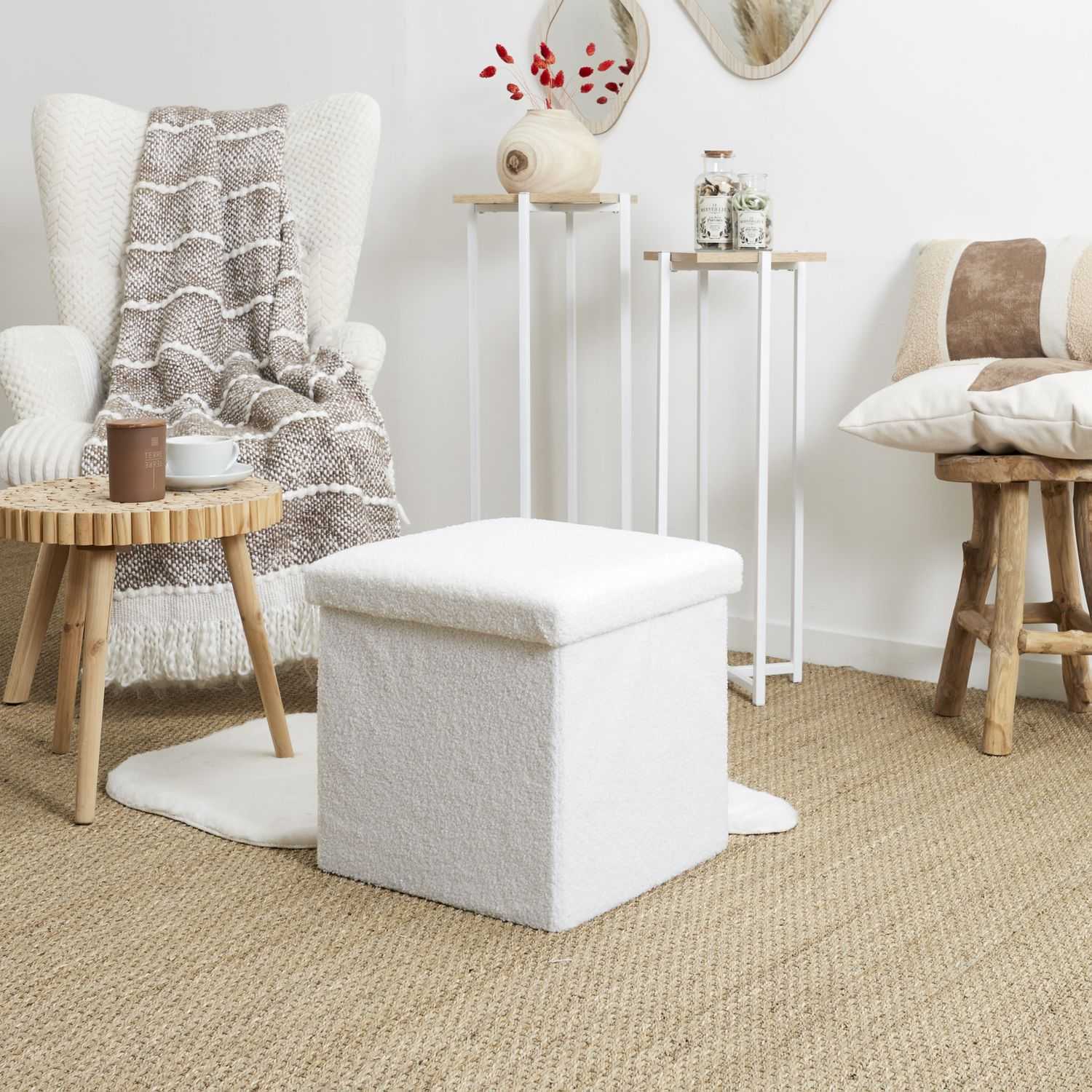 COFFRE POUF PLIABLE BOUCLETTE BLANC - Image 2