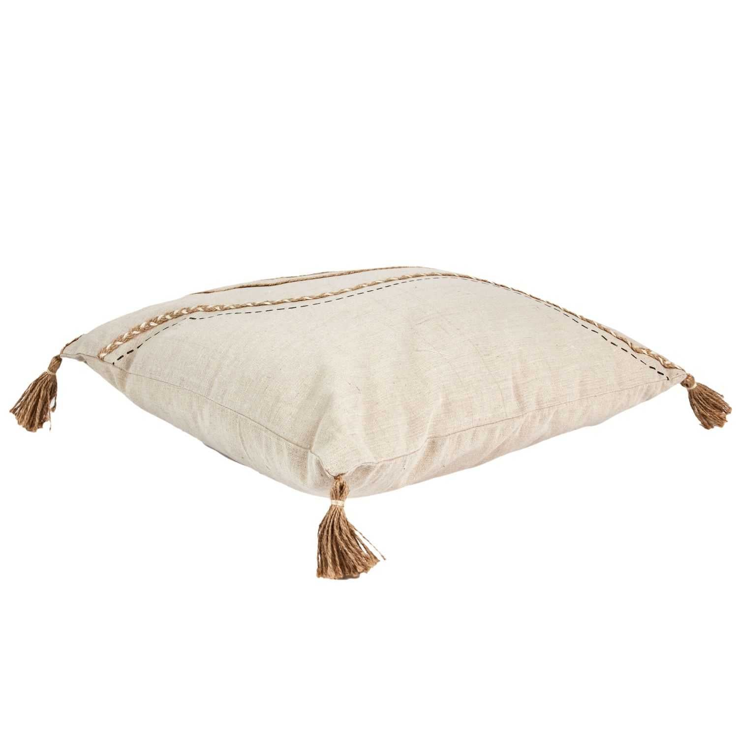 COUSSIN BEIGE ET BLANC A POMPONS 40X40CM - Image 4